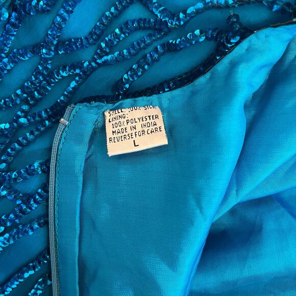 Vintage Laurence Kazar Sequin Sheath Dress L Silk Blue Beaded Party Costume 80s - Picture 9 of 16